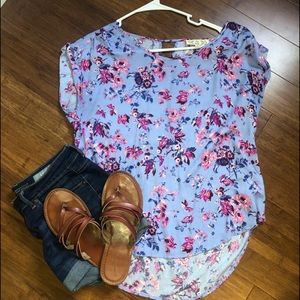 Pink Rose Periwinkle Floral T-Shirt Keyhole Back